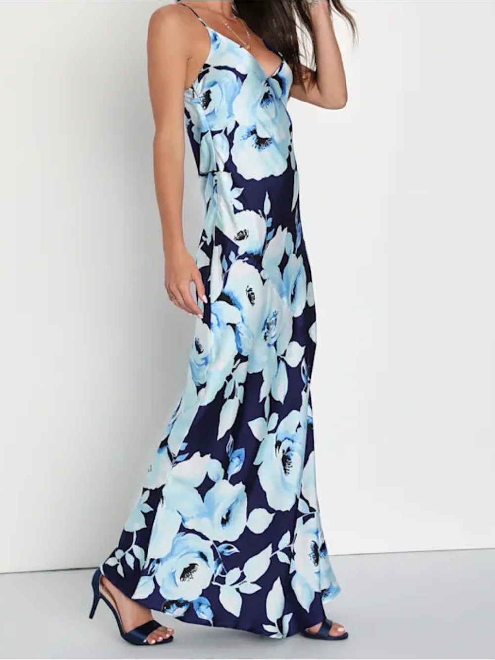New with Tags – Lulus Graceful Aura Navy Blue Floral Satin Cutout Slip Maxi Dres - Picture 4 of 5